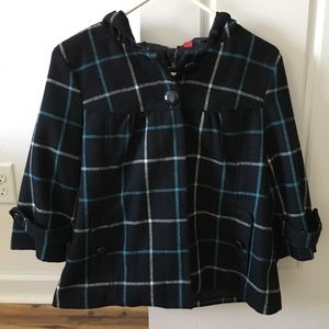Blue plaid cropped swing jacket with hood, Cute short flannel jacket, 3/4 sleeve